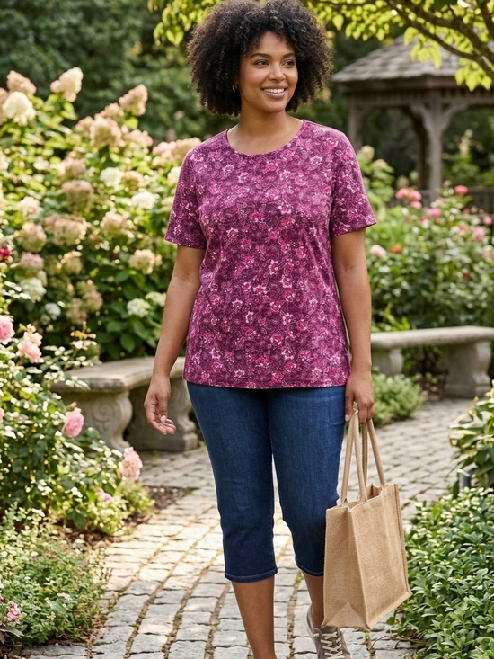 croft & barrow Tops - croft & barrow Burgundy and Pink Floral Short Sleeve Tee